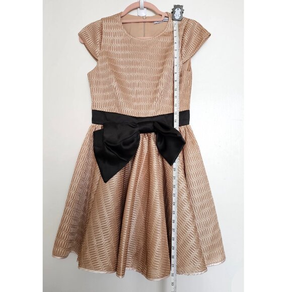 Cap Sleeve Short Fit & Flare Sleeve Mini Dress with Bow S-M, Gold Beige - Picture 3 of 11